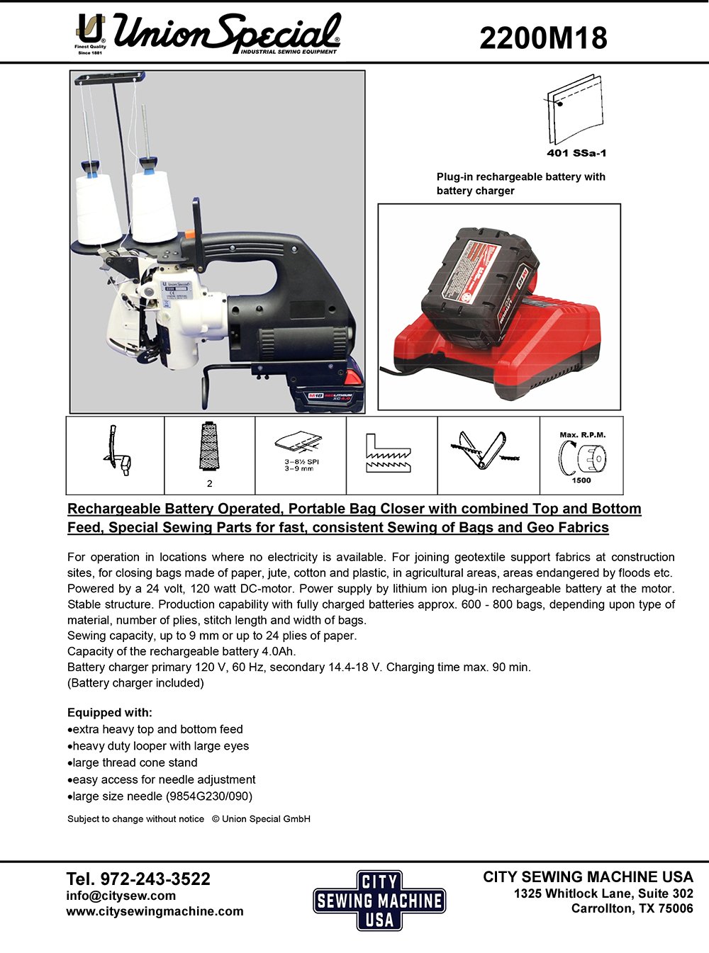 UNION SPECIAL 2200M18 Portable Chainstitch Sewing Machine for Geosynthetics w Battery