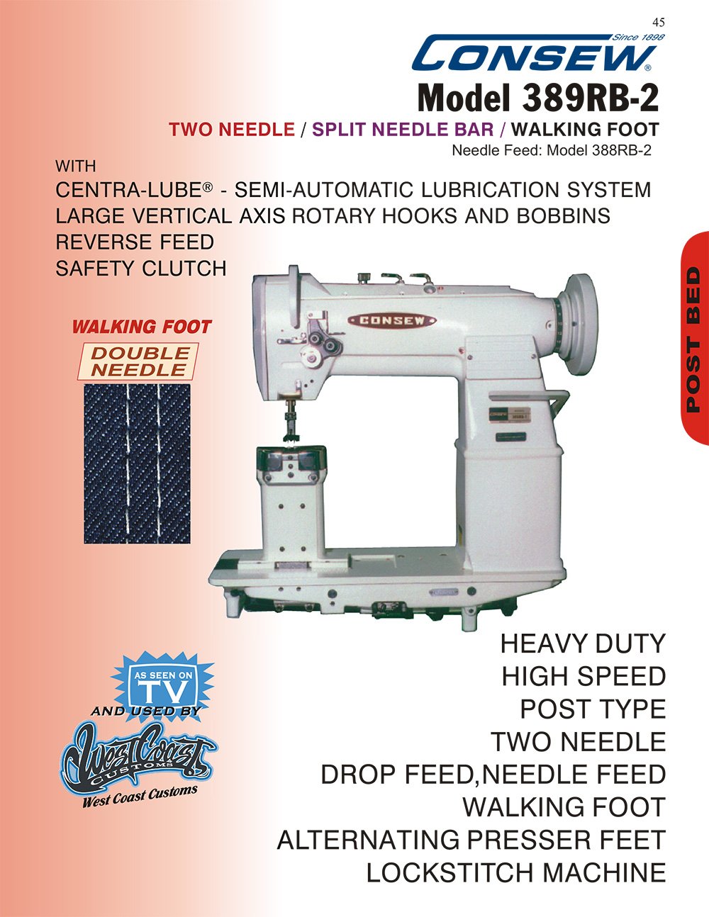 CONSEW 389RB-2 Post Bed Walking Foot Sewing Machine