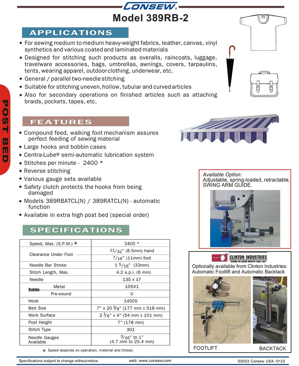 CONSEW 389RB-2 Post Bed Walking Foot Sewing Machine