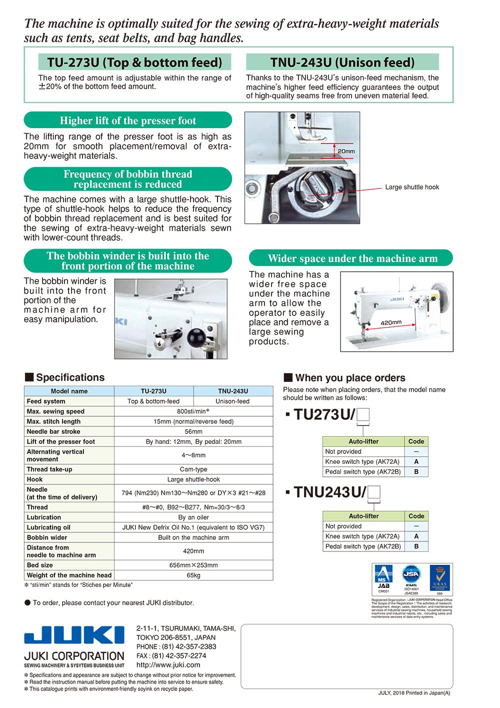 Product brochure page showing Juki sewing machines TU-273U and TNU-243U with feature boxes and a specifications table.