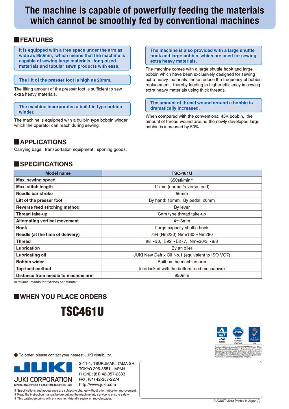 specifications for the JUKI TSC461U sewing machine.