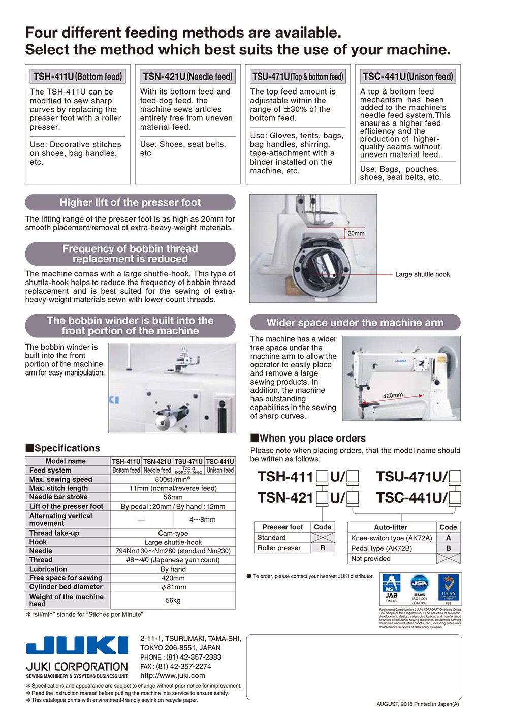 JUKI TSC-441 Cylinder Arm Sewing Machine for Heavy Duty Thread and Materials