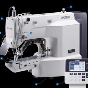 Industrial Brother sewing machine with a digital control panel on the right and labeled components indicated by blue callouts.