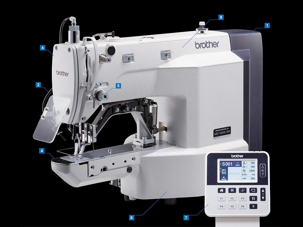 BROTHER KE-430HX-05 Electronic Tacker - Industrial Brother sewing machine with a digital control panel on the right and labeled components indicated by blue callouts.