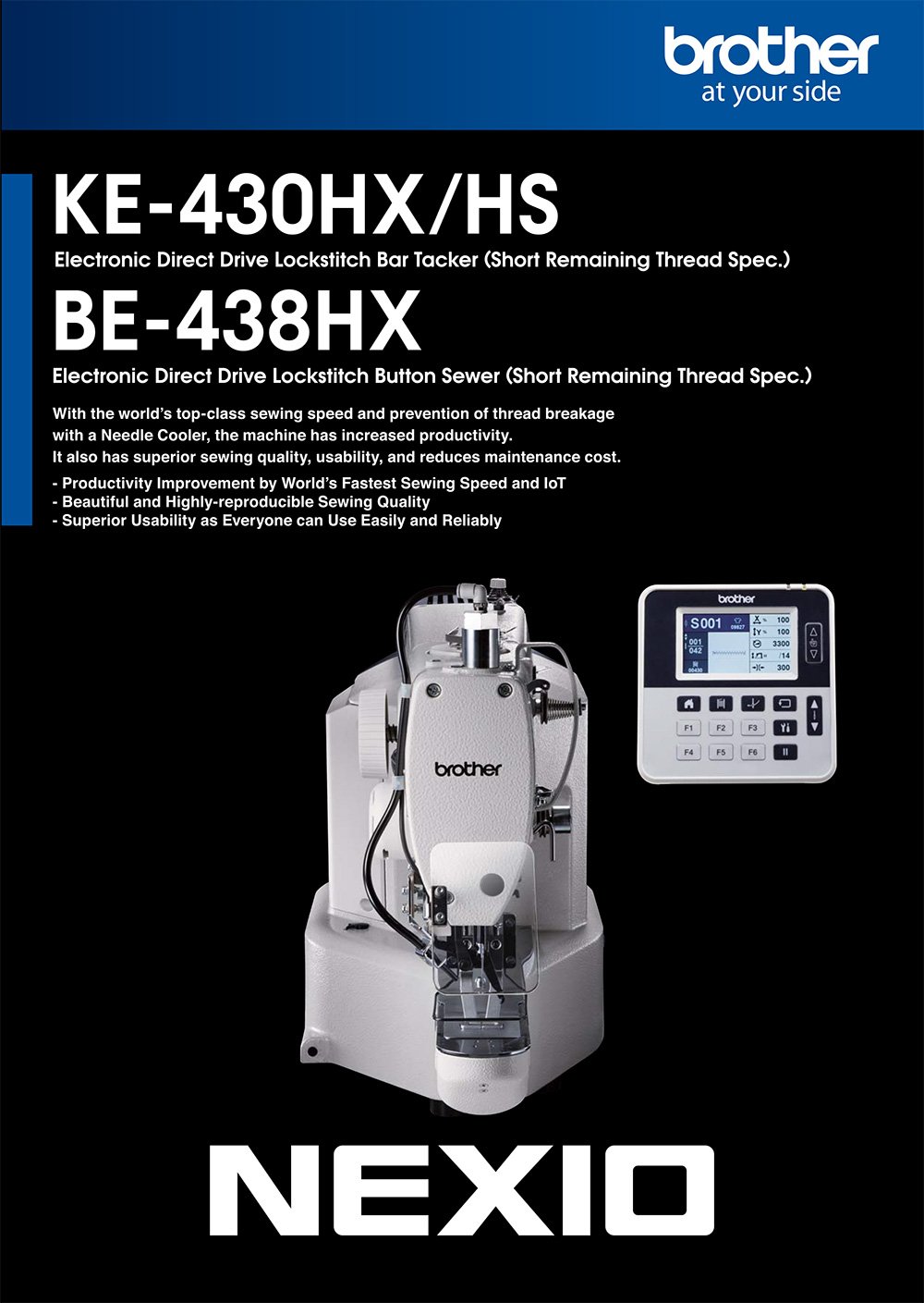 430h_page_1 - Promotional image for Brother NEXIO sewing machines showing KE-430HX/HS and BE-438HX models with a control panel, set on a black background with white text and bullets describing features.