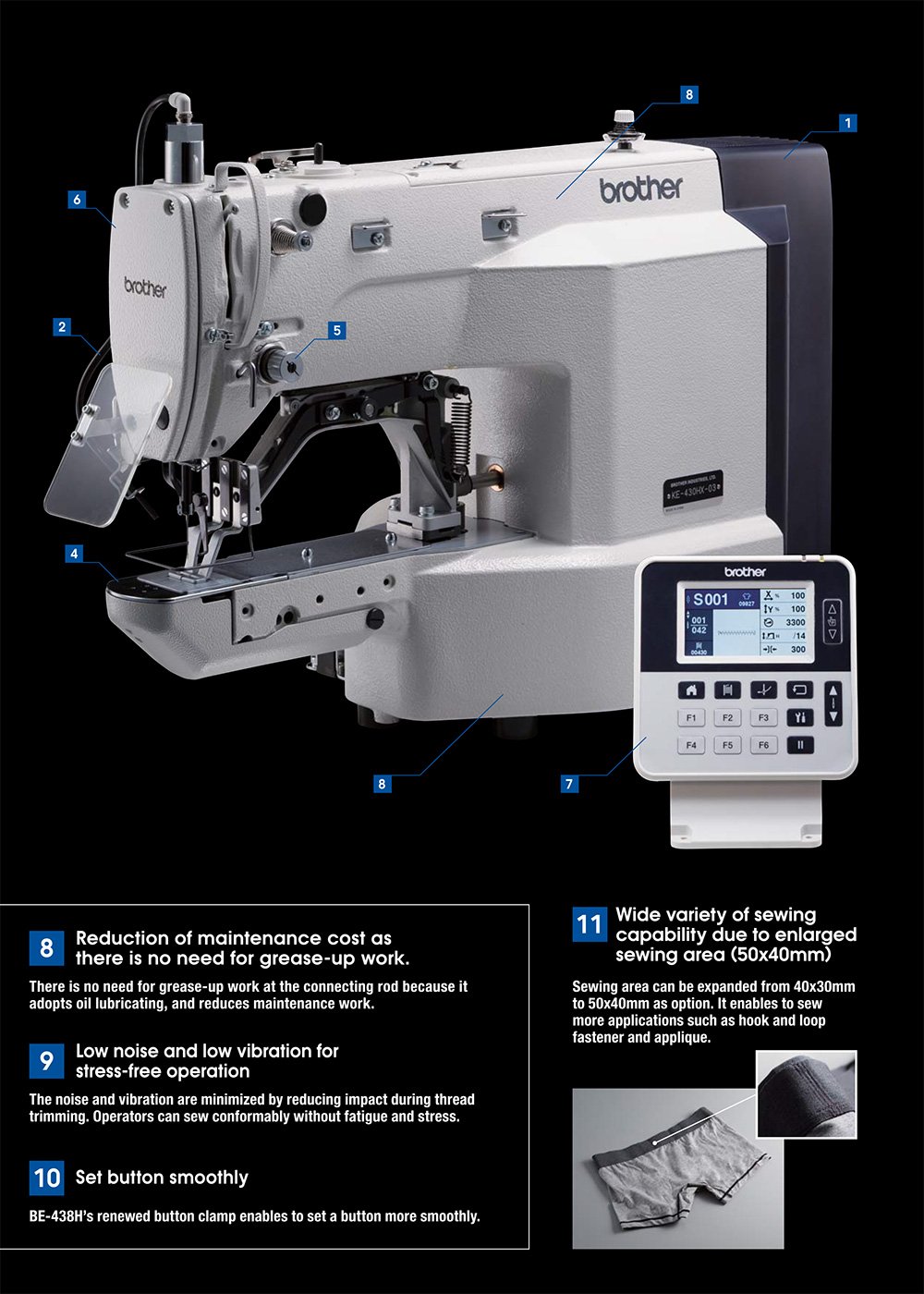 430h_page_1 - Promotional image for Brother NEXIO sewing machines showing KE-430HX/HS and BE-438HX models with a control panel, set on a black background with white text and bullets describing features.